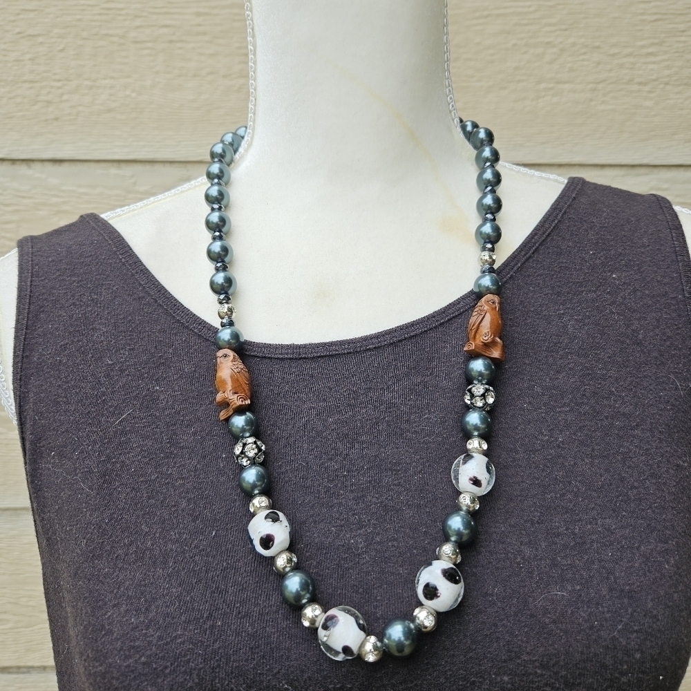 glass beaded necklace dark green faux pearls owls